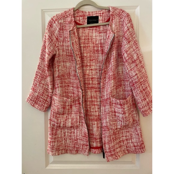 Sanctuary Women’s Red White City Long Tweed Jacket Zippered pockets Small‎ - Picture 2 of 6